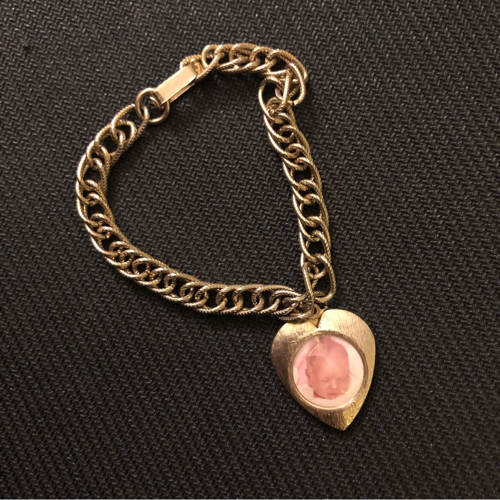 Gold heart bracelet with vintage baby picture